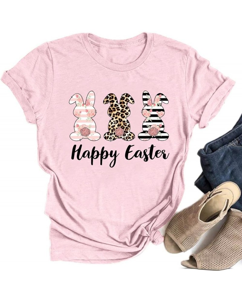 Happy Easter Shirts for Women Cute Leopard Bunny Shirt Funny Easter Letter Casual Holiday Tops Light Pink $10.99 T-Shirts