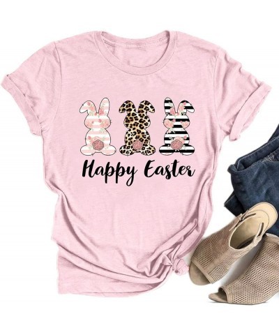 Happy Easter Shirts for Women Cute Leopard Bunny Shirt Funny Easter Letter Casual Holiday Tops Light Pink $10.99 T-Shirts