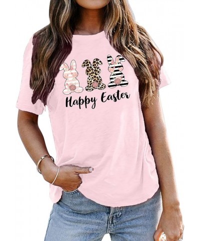 Happy Easter Shirts for Women Cute Leopard Bunny Shirt Funny Easter Letter Casual Holiday Tops Light Pink $10.99 T-Shirts