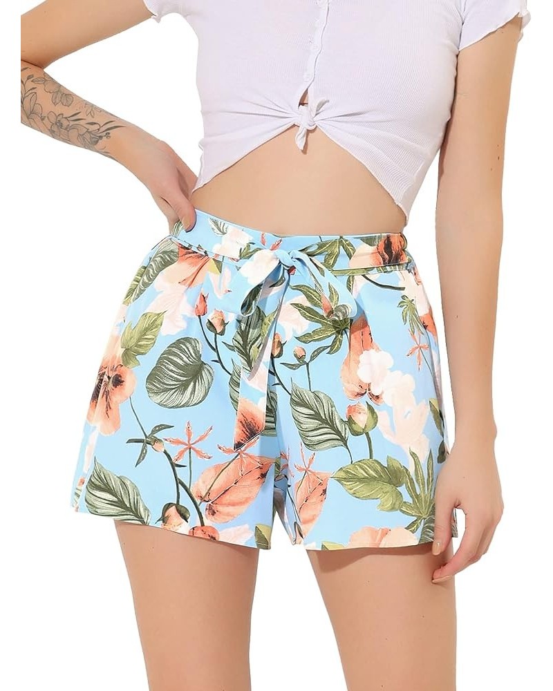 Women's Printed Elastic Tie High Waist Culottes Beach Summer Shorts Blue-floral $12.18 Shorts