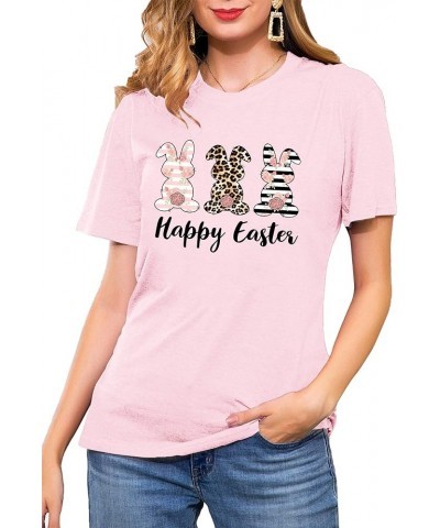 Happy Easter Shirts for Women Cute Leopard Bunny Shirt Funny Easter Letter Casual Holiday Tops Light Pink $10.99 T-Shirts