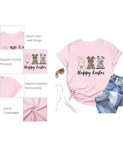 Happy Easter Shirts for Women Cute Leopard Bunny Shirt Funny Easter Letter Casual Holiday Tops Light Pink $10.99 T-Shirts