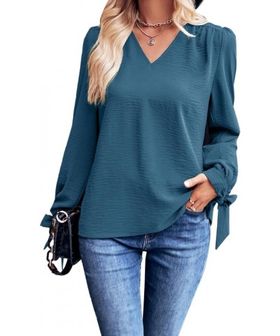 Women's Tunic Tops Long Sleeve V Neck Blouses Casual Loose Tie Knot Shirts 06 Navy Blue $8.24 Tops