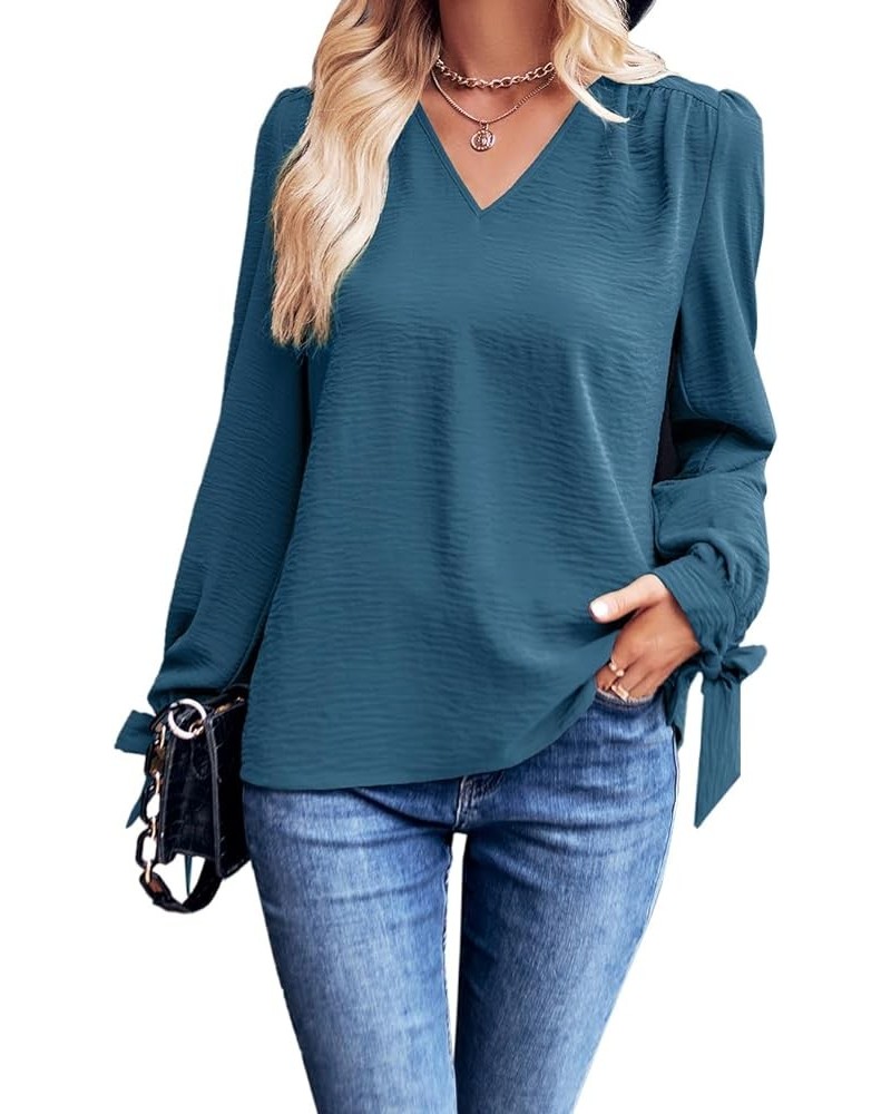 Women's Tunic Tops Long Sleeve V Neck Blouses Casual Loose Tie Knot Shirts 06 Navy Blue $8.24 Tops