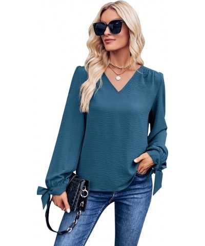 Women's Tunic Tops Long Sleeve V Neck Blouses Casual Loose Tie Knot Shirts 06 Navy Blue $8.24 Tops