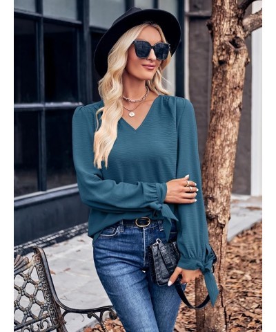 Women's Tunic Tops Long Sleeve V Neck Blouses Casual Loose Tie Knot Shirts 06 Navy Blue $8.24 Tops