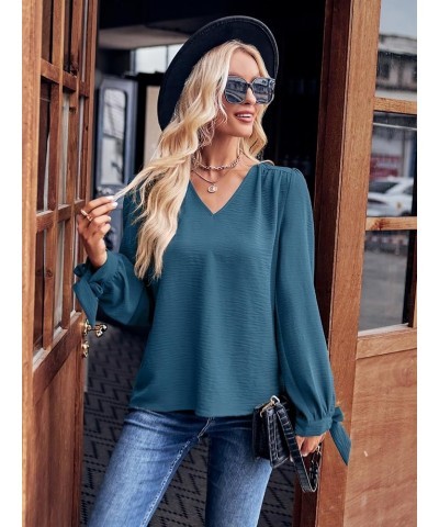 Women's Tunic Tops Long Sleeve V Neck Blouses Casual Loose Tie Knot Shirts 06 Navy Blue $8.24 Tops