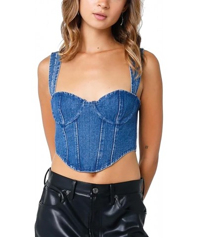 Women Vintage Y2K Denim Vest Sleeveless V Neck Button Down Cropped Jean Waistcoat Vest Retro Streetwear Tank Top 4 blue $11.7...