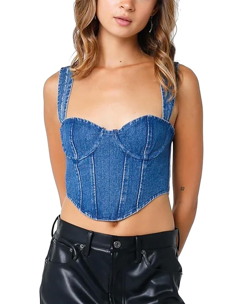 Women Vintage Y2K Denim Vest Sleeveless V Neck Button Down Cropped Jean Waistcoat Vest Retro Streetwear Tank Top 4 blue $11.7...