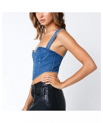 Women Vintage Y2K Denim Vest Sleeveless V Neck Button Down Cropped Jean Waistcoat Vest Retro Streetwear Tank Top 4 blue $11.7...