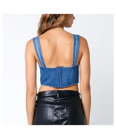 Women Vintage Y2K Denim Vest Sleeveless V Neck Button Down Cropped Jean Waistcoat Vest Retro Streetwear Tank Top 4 blue $11.7...