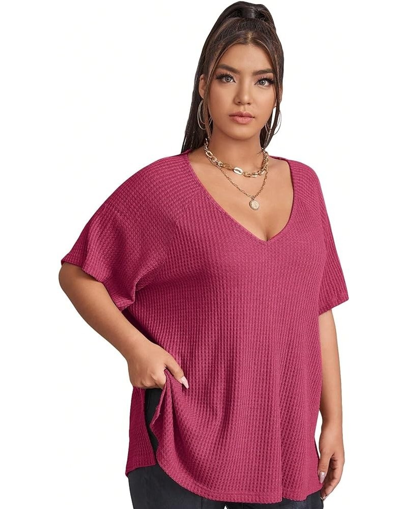 Women's Plus Size V Neck Short Sleeve Tee Split Hem Waffle Knit Oversized Casual Loose Summer Basic T Shirt Tops Plain Hot Pi...