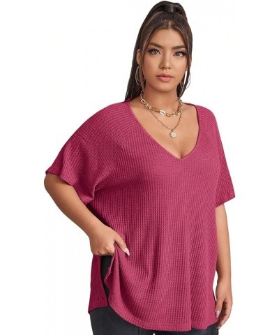 Women's Plus Size V Neck Short Sleeve Tee Split Hem Waffle Knit Oversized Casual Loose Summer Basic T Shirt Tops Plain Hot Pi...