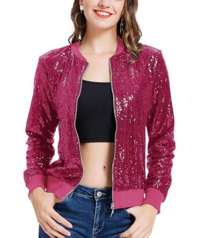 Womens Sequin Jacket Casual Long Sleeve Front Zip Party Bomber Blazer with Pockets S-2XL Hot Pink $27.53 Jackets