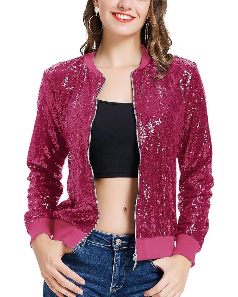 Womens Sequin Jacket Casual Long Sleeve Front Zip Party Bomber Blazer with Pockets S-2XL Hot Pink $27.53 Jackets