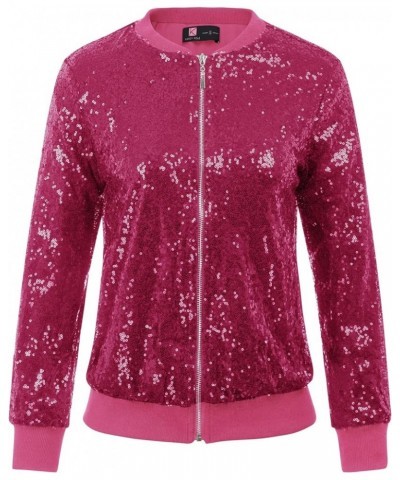 Womens Sequin Jacket Casual Long Sleeve Front Zip Party Bomber Blazer with Pockets S-2XL Hot Pink $27.53 Jackets