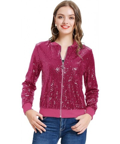 Womens Sequin Jacket Casual Long Sleeve Front Zip Party Bomber Blazer with Pockets S-2XL Hot Pink $27.53 Jackets