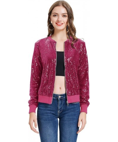 Womens Sequin Jacket Casual Long Sleeve Front Zip Party Bomber Blazer with Pockets S-2XL Hot Pink $27.53 Jackets