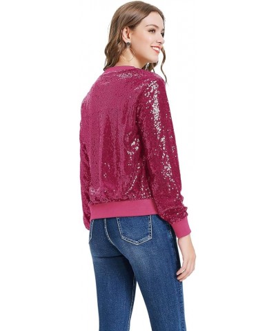 Womens Sequin Jacket Casual Long Sleeve Front Zip Party Bomber Blazer with Pockets S-2XL Hot Pink $27.53 Jackets