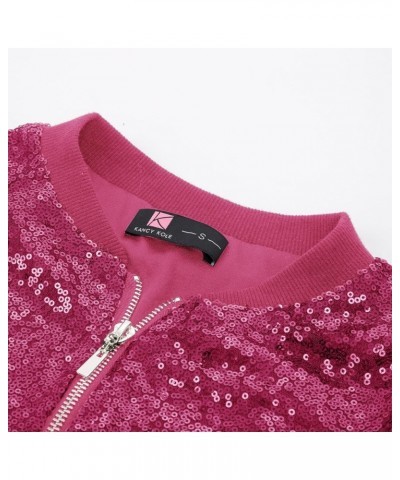 Womens Sequin Jacket Casual Long Sleeve Front Zip Party Bomber Blazer with Pockets S-2XL Hot Pink $27.53 Jackets