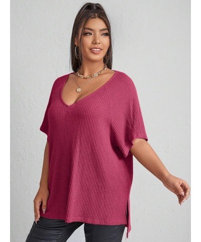 Women's Plus Size V Neck Short Sleeve Tee Split Hem Waffle Knit Oversized Casual Loose Summer Basic T Shirt Tops Plain Hot Pi...