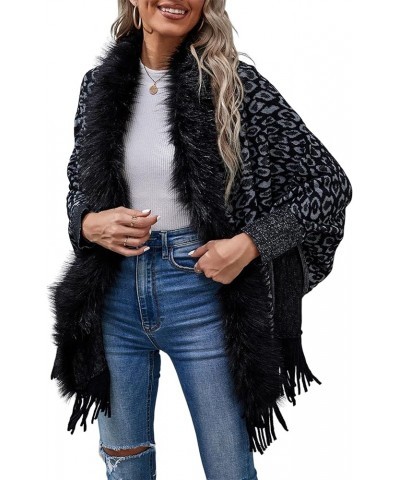 Women's Leopard Fur Collar Cloak Knitted Capes Shawl Tassel Open Front Cardigans Sweater Coat Black $14.70 Sweaters