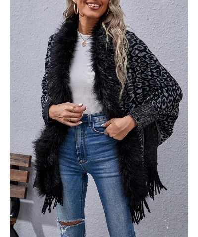 Women's Leopard Fur Collar Cloak Knitted Capes Shawl Tassel Open Front Cardigans Sweater Coat Black $14.70 Sweaters