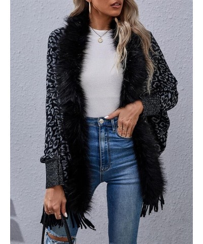 Women's Leopard Fur Collar Cloak Knitted Capes Shawl Tassel Open Front Cardigans Sweater Coat Black $14.70 Sweaters