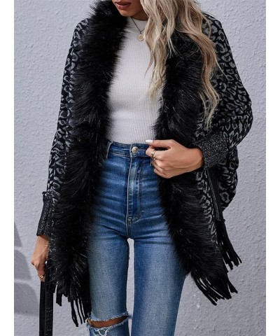 Women's Leopard Fur Collar Cloak Knitted Capes Shawl Tassel Open Front Cardigans Sweater Coat Black $14.70 Sweaters