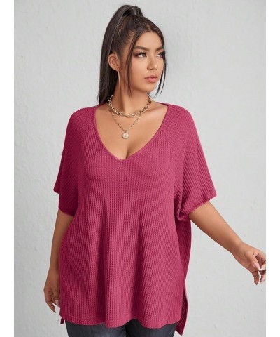 Women's Plus Size V Neck Short Sleeve Tee Split Hem Waffle Knit Oversized Casual Loose Summer Basic T Shirt Tops Plain Hot Pi...