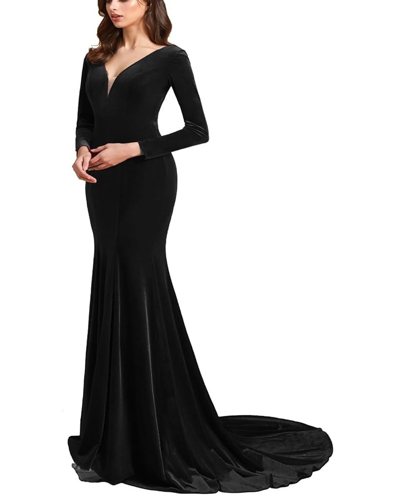 Women's Deep V-Neck Velvet Prom Dresses Long Mermaid Court Train Evening Party Gown with Long Sleeves SZPD02 Black $37.80 Dre...