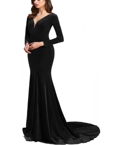 Women's Deep V-Neck Velvet Prom Dresses Long Mermaid Court Train Evening Party Gown with Long Sleeves SZPD02 Black $37.80 Dre...