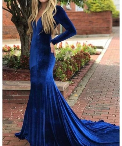 Women's Deep V-Neck Velvet Prom Dresses Long Mermaid Court Train Evening Party Gown with Long Sleeves SZPD02 Black $37.80 Dre...