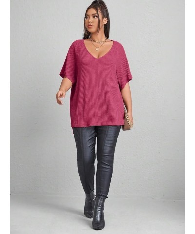 Women's Plus Size V Neck Short Sleeve Tee Split Hem Waffle Knit Oversized Casual Loose Summer Basic T Shirt Tops Plain Hot Pi...