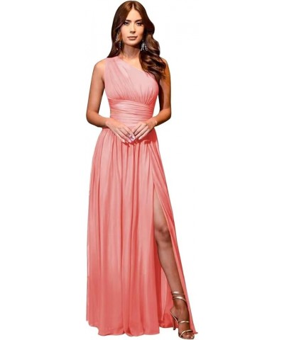 One Shoulder Bridesmaid Dresses for Women Long Chiffon Formal Evening Dress with Slit Coral $23.32 Dresses