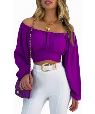 Women Off Shoulder Ruched Crop Top Flare Sleeve Tie Up Back Crop Blouse Party Prom Purple $18.23 Blouses