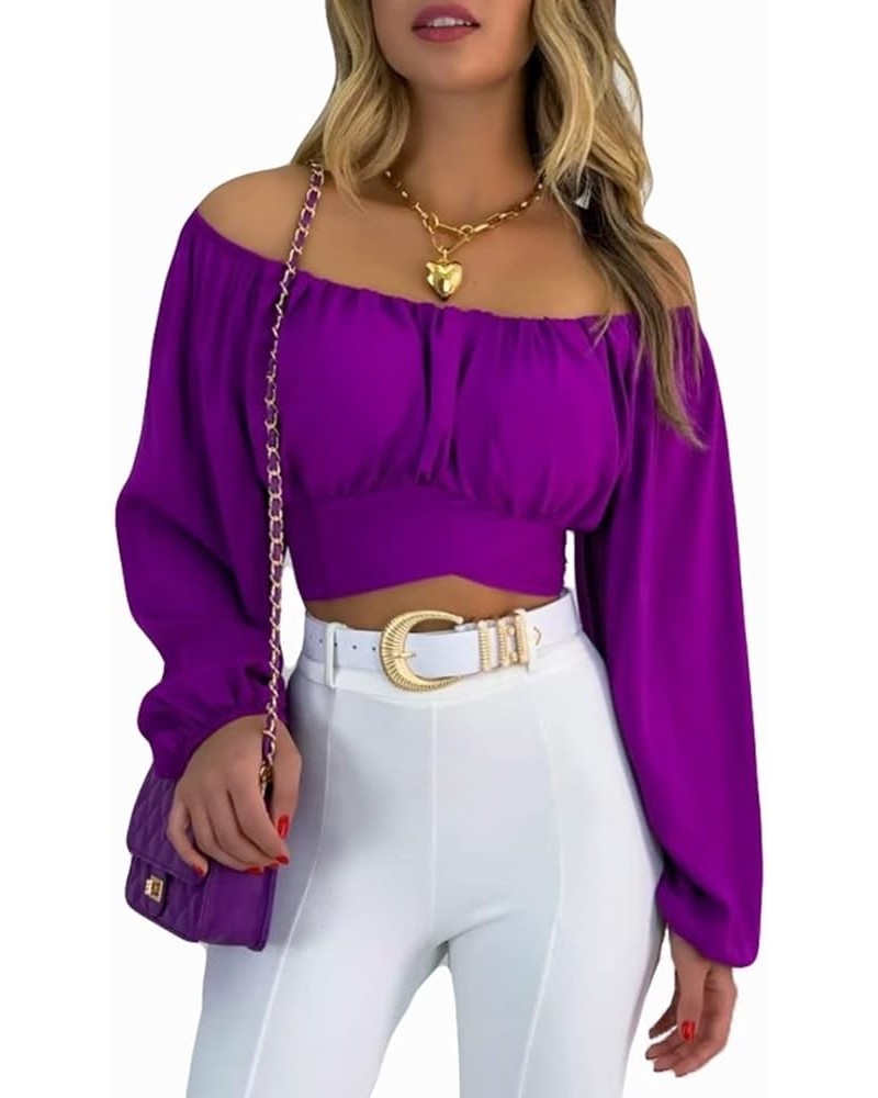 Women Off Shoulder Ruched Crop Top Flare Sleeve Tie Up Back Crop Blouse Party Prom Purple $18.23 Blouses