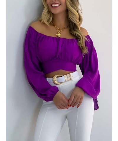 Women Off Shoulder Ruched Crop Top Flare Sleeve Tie Up Back Crop Blouse Party Prom Purple $18.23 Blouses