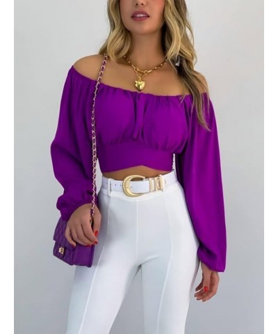 Women Off Shoulder Ruched Crop Top Flare Sleeve Tie Up Back Crop Blouse Party Prom Purple $18.23 Blouses