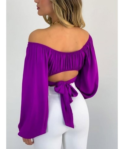 Women Off Shoulder Ruched Crop Top Flare Sleeve Tie Up Back Crop Blouse Party Prom Purple $18.23 Blouses