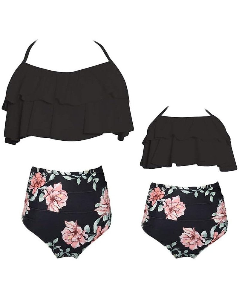 Mom and Daughter Matching Swimsuit Two Piece Bikini Sets Black Black Flower $10.25 Sets