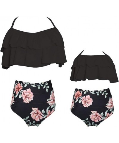 Mom and Daughter Matching Swimsuit Two Piece Bikini Sets Black Black Flower $10.25 Sets