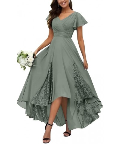 Tea Length Mother of The Bride Dresses for Wedding Ruffle Sleeves Long Chiffon Lace Appliques Evening Gown Gray $22.95 Dresses