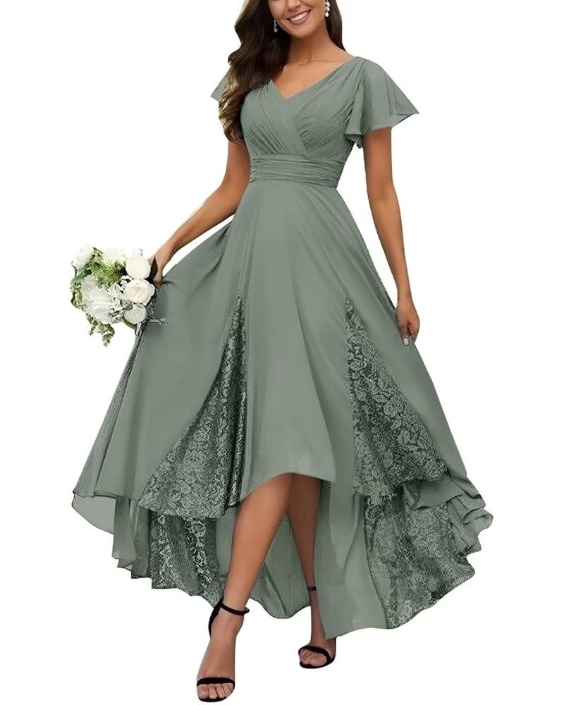 Tea Length Mother of The Bride Dresses for Wedding Ruffle Sleeves Long Chiffon Lace Appliques Evening Gown Gray $22.95 Dresses