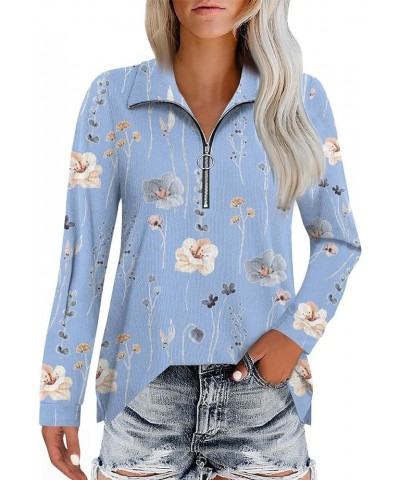 Womens Quarter Zip Tops Fashion Casual Long Sleeve Vintage Floral Print Lapel Shirt Lightweight Pullover Top B-light Blue $11...