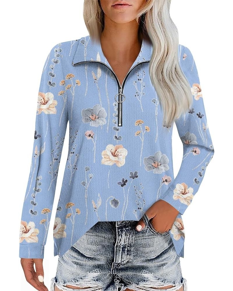 Womens Quarter Zip Tops Fashion Casual Long Sleeve Vintage Floral Print Lapel Shirt Lightweight Pullover Top B-light Blue $11...