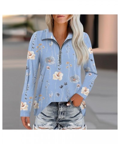 Womens Quarter Zip Tops Fashion Casual Long Sleeve Vintage Floral Print Lapel Shirt Lightweight Pullover Top B-light Blue $11...