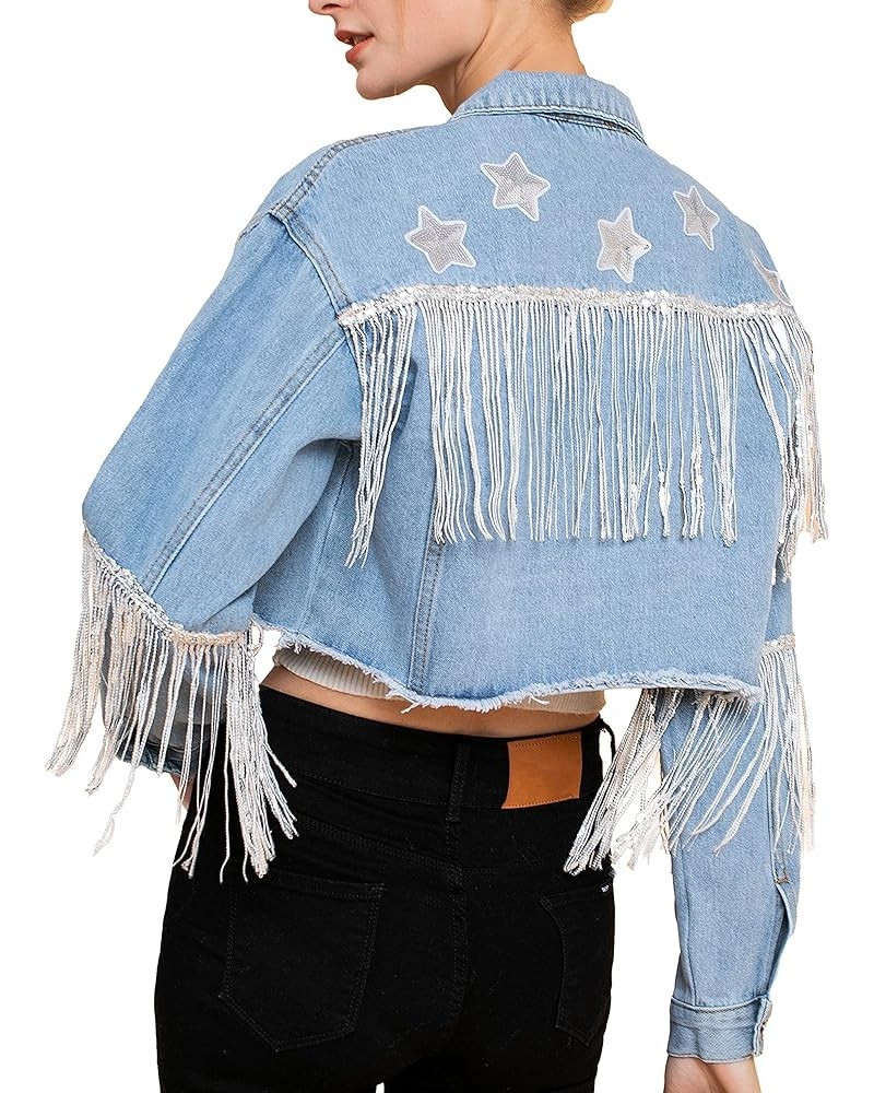 Women's Fringe Jean Jacket Crop Denim Jacket Lightweight Tassel Cropped Jean Cowgirls Jackets B-light Blue $19.80 Jackets