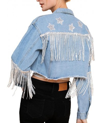 Women's Fringe Jean Jacket Crop Denim Jacket Lightweight Tassel Cropped Jean Cowgirls Jackets B-light Blue $19.80 Jackets