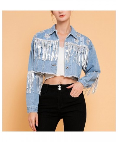 Women's Fringe Jean Jacket Crop Denim Jacket Lightweight Tassel Cropped Jean Cowgirls Jackets B-light Blue $19.80 Jackets